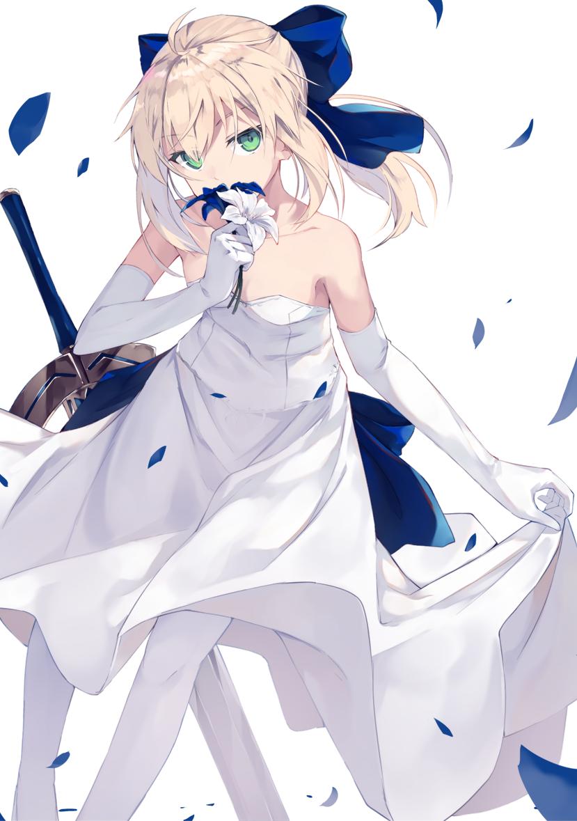 1girl ahoge artoria_pendragon_(all) bangs blonde_hair covering_mouth dress excalibur eyebrows_visible_through_hair fate/grand_order fate/stay_night fate_(series) flower green_eyes holding looking_at_viewer medium_hair nagishiro_mito saber short_hair solo sword weapon white_background white_dress white_legwear