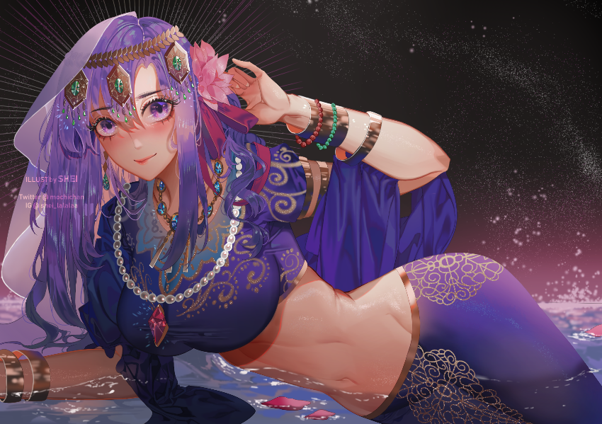 1girl breasts closed_mouth earrings fate/grand_order fate_(series) flower hair_ornament indian_clothes jewelry large_breasts long_hair looking_at_viewer matou_sakura necklace parvati_(fate/grand_order) purple_hair shei99 smile violet_eyes