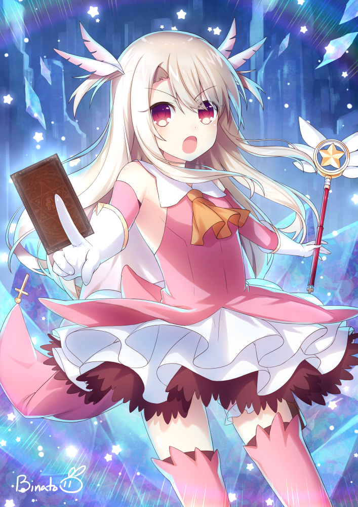 1girl :o ascot bikini binato_lulu black_legwear boots breasts card detached_sleeves eyebrows_visible_through_hair fate/kaleid_liner_prisma_illya fate_(series) feathers floating_hair gloves hair_between_eyes hair_feathers holding holding_card holding_staff layered_skirt long_hair long_sleeves looking_at_viewer magical_girl magical_ruby miniskirt orange_neckwear pink_footwear pink_sleeves prisma_illya red_eyes sailor_collar side-tie_bikini silver_hair skirt small_breasts solo staff standing swimsuit thigh-highs thigh_boots thigh_strap very_long_hair white_feathers white_gloves white_sailor_collar white_skirt
