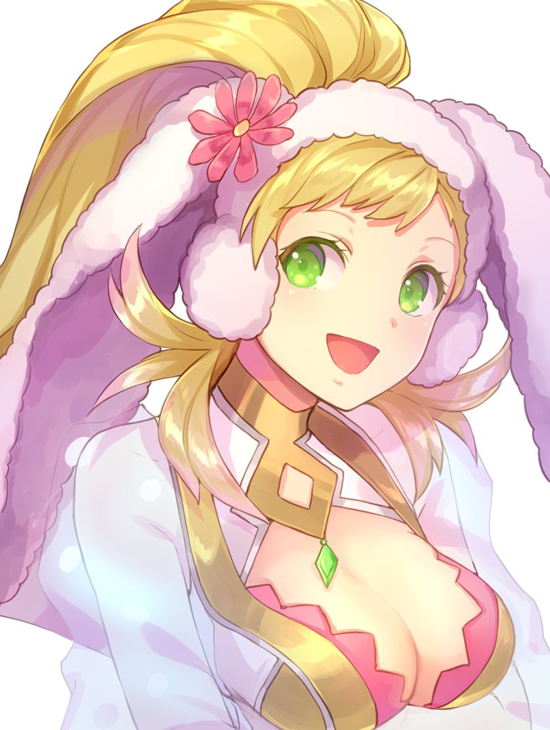 1girl animal_ears blonde_hair breasts cleavage earmuffs fake_animal_ears fire_emblem fire_emblem_heroes gradient_hair green_eyes jurge long_hair medium_breasts multicolored_hair nintendo open_mouth pink_hair ponytail rabbit_ears sharena sharena_(fire_emblem) simple_background solo upper_body white_background
