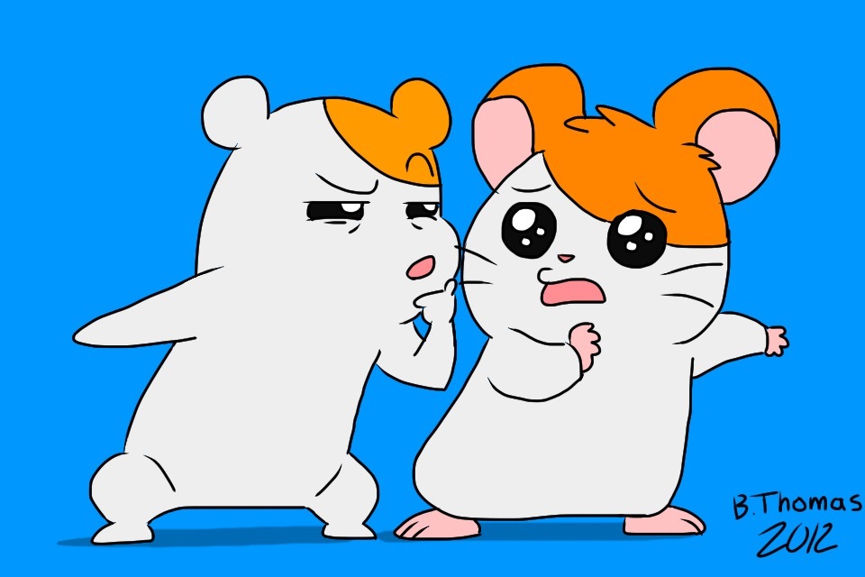 2012 2others animal artist_name blue_background bthomas64 confused crossover deviantart ebichu female gainax hamster hamtaro hamtaro_(hamtaro) look-alike male no_humans oruchuban_ebichu shogakukan tms_entertainment worried