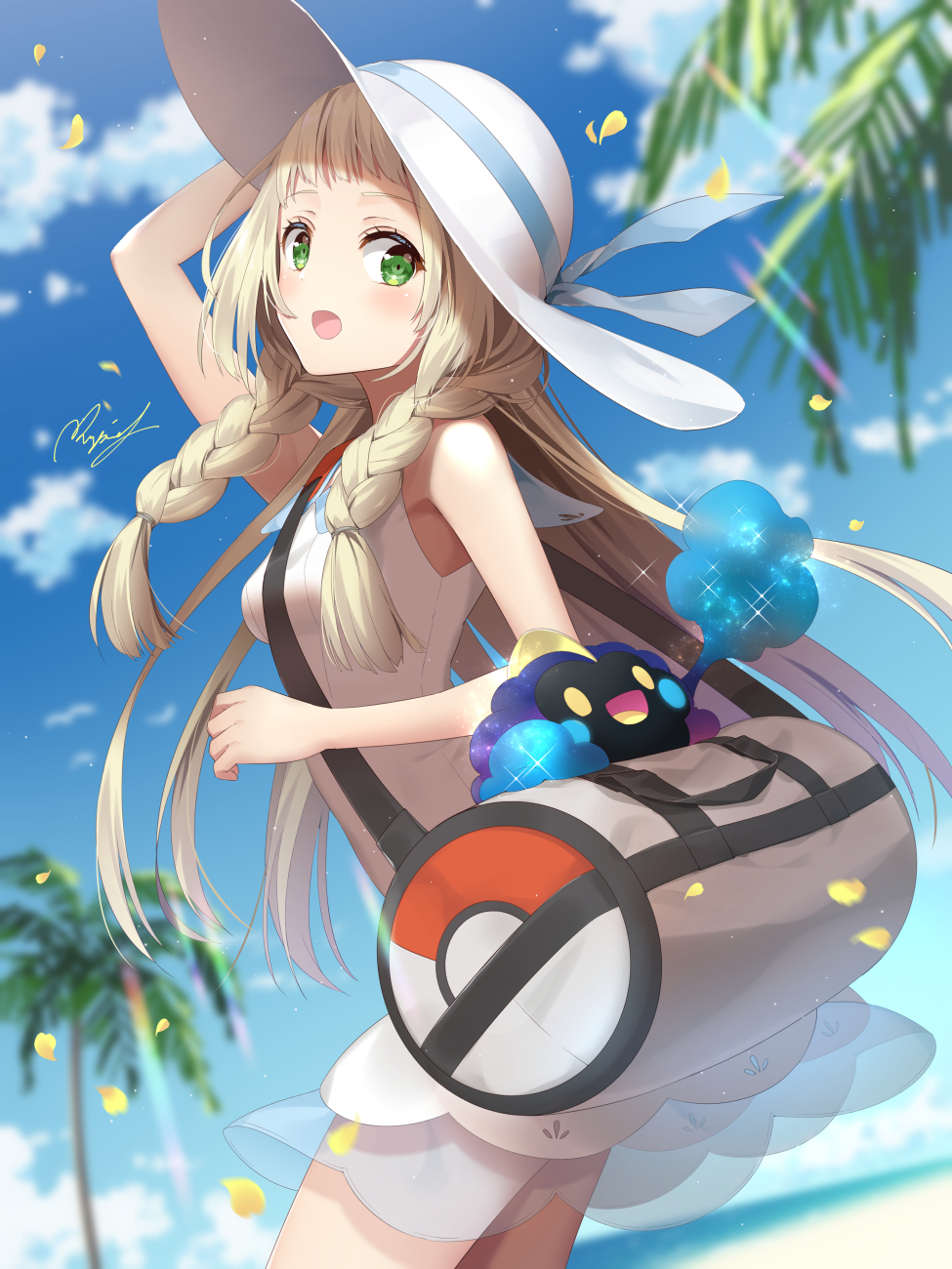 1girl arm_up bag bangs blonde_hair blue_sky braid breasts clouds cosmog creatures_(company) day dress duffel_bag game_freak gen_7_pokemon green_eyes hat highres light_particles lillie_(pokemon) long_hair nintendo outdoors palm_tree petals pokemon pokemon_(creature) pokemon_(game) pokemon_sm rupinesu see-through sky sleeveless sleeveless_dress small_breasts solo straight_hair sun_hat tree twin_braids white_dress white_headwear