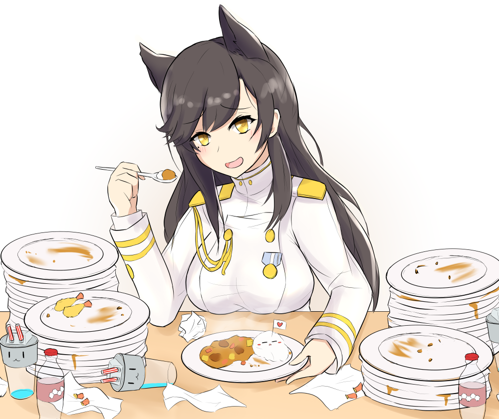 1girl animal_ears atago_(azur_lane) azur_lane black_hair blush cup curry curry_rice double-breasted drinking_glass drinking_straw eating empty english_text eyebrows_visible_through_hair food hadoukirby long_hair long_sleeves looking_at_viewer medal meme military military_uniform mole mole_under_eye open_mouth plate rice shrimp shrimp_tempura simple_background smile soda_bottle solo spoon tempura uniform white_background wolf_ears yellow_eyes