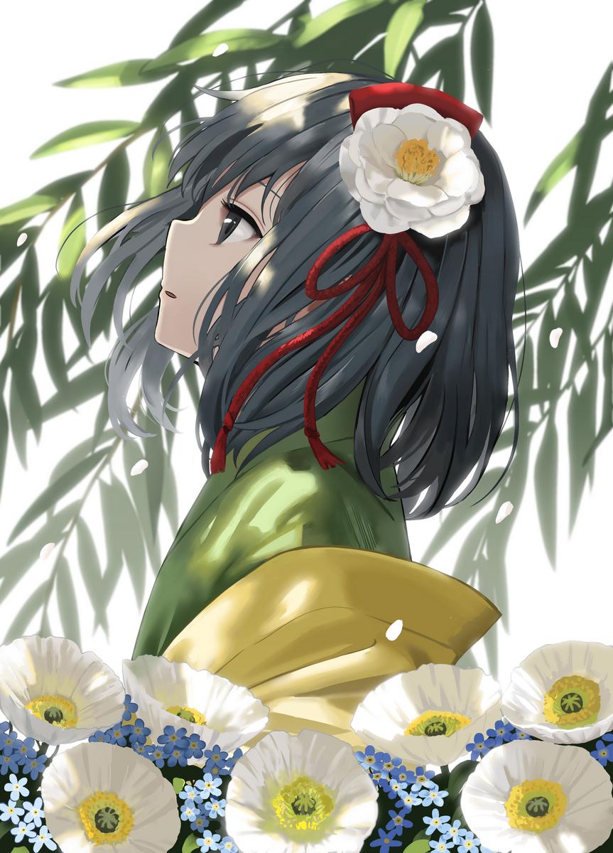 1girl black_eyes black_hair commentary_request flower from_side hair_flower hair_ornament hieda_no_akyuu highres japanese_clothes kimono looking_away medium_hair plant solo suna_(s73d) touhou upper_body