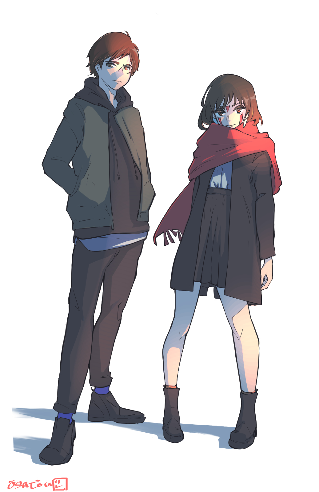 1boy 1girl ashitaka brown_eyes brown_hair casual closed_mouth commentary_request earrings facepaint facial_mark highres jewelry mononoke_hime osatou_(piropiro_open) san scarf short_hair simple_background skirt smile studio_ghibli white_background