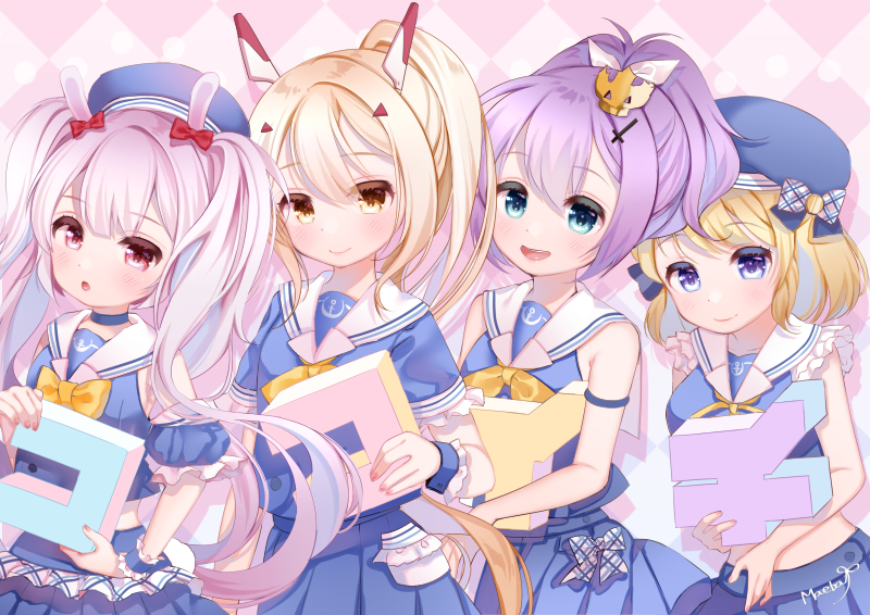 4girls anchor_symbol animal_ears argyle argyle_background ayanami_(azur_lane) azur_lane bangs bare_arms beret blonde_hair blue_headwear blue_serafuku blue_shirt blue_skirt blue_sleeves blush bow bowtie commentary_request crown detached_sleeves eyebrows_visible_through_hair fingernails green_eyes hair_between_eyes hair_bow hair_ornament hair_ribbon hat headgear high_ponytail javelin_(azur_lane) laffey_(azur_lane) long_hair maeha matching_outfit midriff mini_crown multiple_girls nail_polish pleated_skirt ponytail puffy_short_sleeves puffy_sleeves purple_hair rabbit_ears red_bow red_eyes red_nails ribbon sailor_collar school_uniform serafuku shirt short_sleeves signature skirt sleeveless sleeveless_shirt tilted_headwear translation_request twintails very_long_hair violet_eyes white_ribbon white_sailor_collar wrist_cuffs yellow_neckwear z23_(azur_lane)