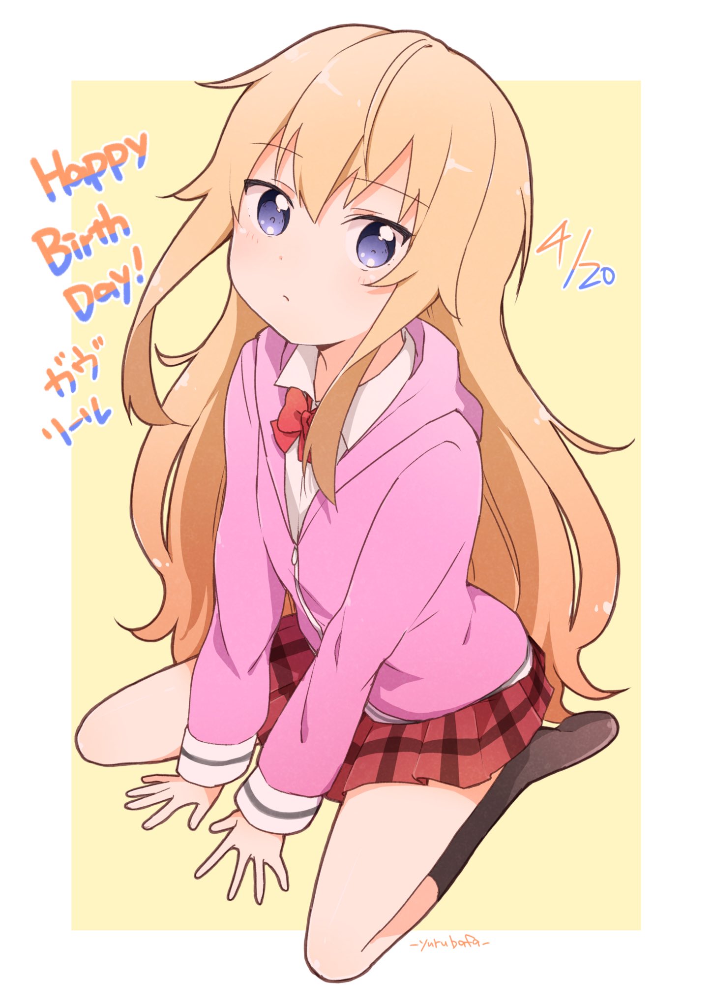 1girl bafarin birthday blonde_hair blue_eyes character_name dated english_text gabriel_dropout happy_birthday highres long_hair messy_hair skirt solo tenma_gabriel_white very_long_hair