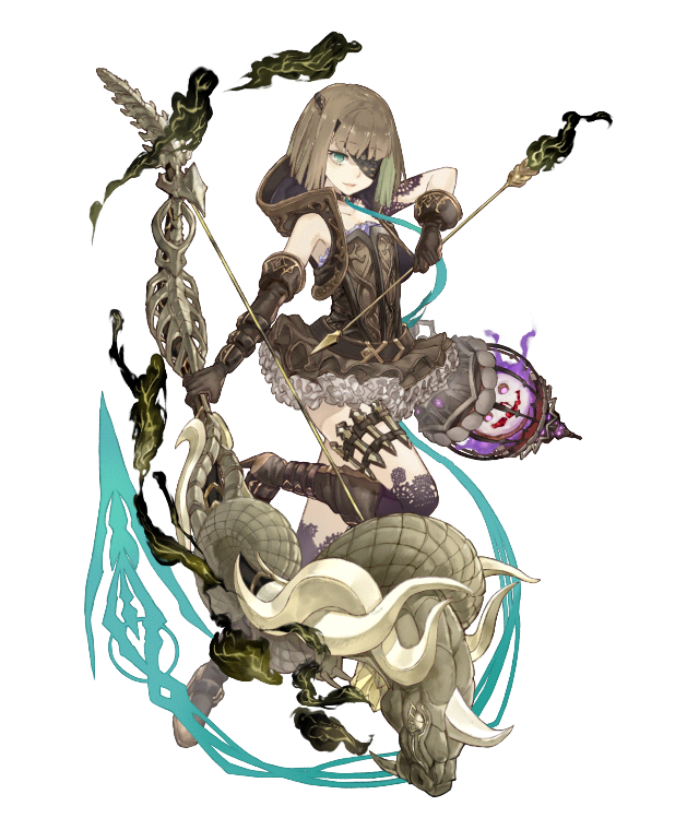 1girl arm_tattoo arrow asymmetrical_gloves bare_shoulders belt birdcage bone boots bow_(weapon) brown_hair cage dress elbow_gloves eyepatch fangs flat_chest frilled_dress frills full_body gloves green_eyes gretel_(sinoalice) hansel_(sinoalice) high_heels holding holding_weapon hood hood_down ji_no kneehighs looking_at_viewer official_art scales sinoalice snake solo tattoo thigh_strap transparent_background weapon