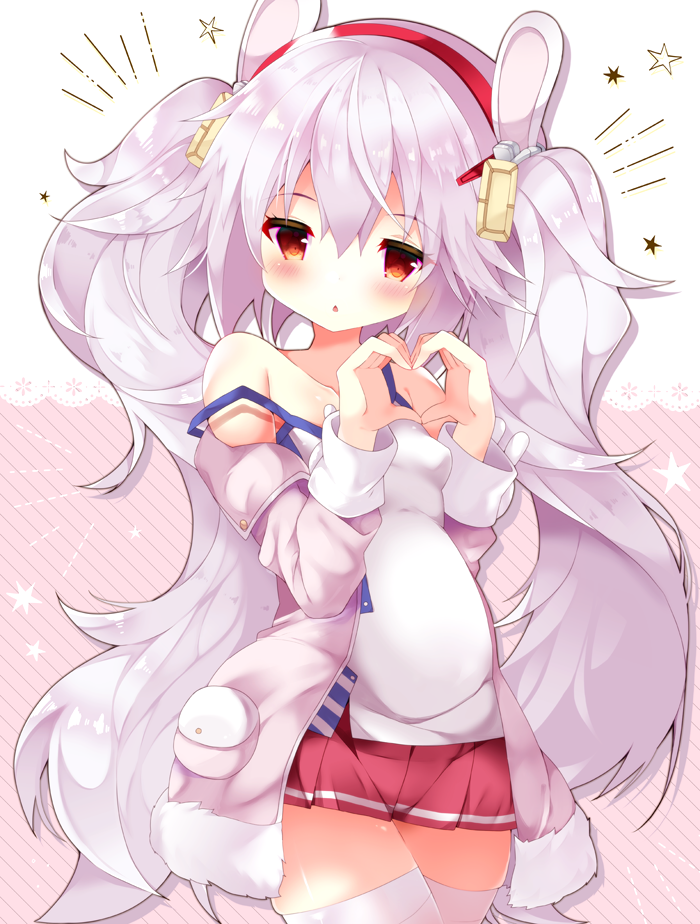 1girl animal_ears azur_lane bangs bare_shoulders blush breasts camisole chestnut_mouth commentary_request eyebrows_visible_through_hair fuuna_thise hair_between_eyes hair_ornament hairband heart heart_hands jacket laffey_(azur_lane) long_hair off_shoulder open_clothes open_jacket parted_lips pink_jacket pleated_skirt rabbit_ears red_eyes red_hairband red_skirt silver_hair skirt small_breasts solo star strap_slip thigh-highs twintails very_long_hair white_camisole white_legwear