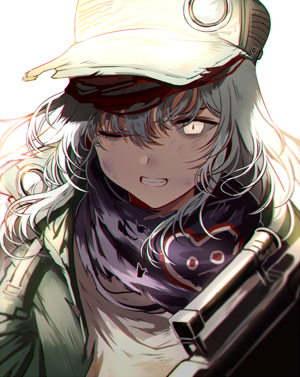 1girl assault_rifle bangs brown_eyes bruise clenched_teeth damaged dirty g11_(girls_frontline) girls_frontline gun h&amp;k_g11 hair_between_eyes hat heckler_&amp;_koch holding holding_gun holding_weapon injury long_hair looking_at_viewer one_eye_closed open_clothes rifle scarf_on_head shirt silence_girl silver_hair solo teeth torn_clothes upper_body very_long_hair weapon