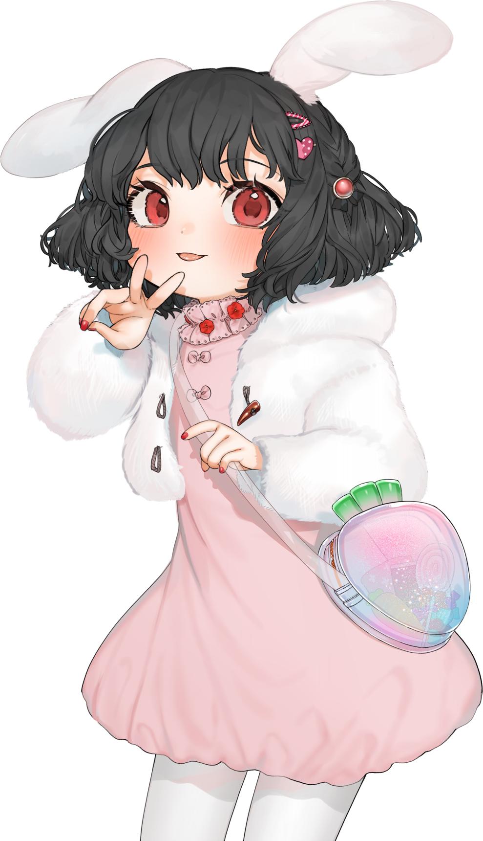 1girl :p animal_ears bag bangs black_hair blush bow candy carrot commentary_request cowboy_shot dress drop_shadow food fur_jacket gotoh510 hair_ornament hairclip hand_up heart heart_hair_ornament highres hood hooded_jacket inaba_tewi jacket lollipop long_sleeves looking_at_viewer nail_polish pantyhose pink_bow pink_dress rabbit_ears red_eyes red_nails short_dress short_hair simple_background smile solo standing tongue tongue_out touhou v white_background white_jacket white_legwear