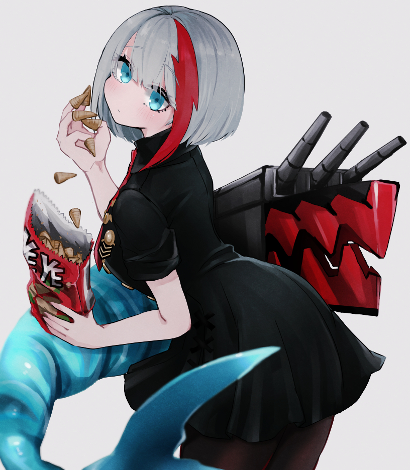 1girl admiral_graf_spee_(azur_lane) azur_lane bangs black_dress black_legwear blue_eyes bugles bugles_on_fingers collared_shirt commentary dress eating eyebrows_visible_through_hair food_on_finger from_side grey_background grey_hair kairi630 looking_at_viewer multicolored_hair necktie pantyhose red_neckwear shark_tail shirt short_hair short_sleeves simple_background solo streaked_hair