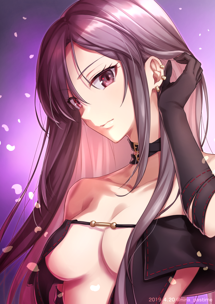 1girl adjusting_hair bangs bare_shoulders black_choker black_dress breasts brown_eyes brown_hair center_opening choker cleavage closed_mouth collarbone commentary_request consort_yu_(fate) dress ear_piercing earrings fate/grand_order fate_(series) jewelry large_breasts long_hair multiple_earrings nina_(pastime) piercing pinstripe_pattern purple_background revealing_clothes ribbon-trimmed_dress strapless strapless_dress striped very_long_hair