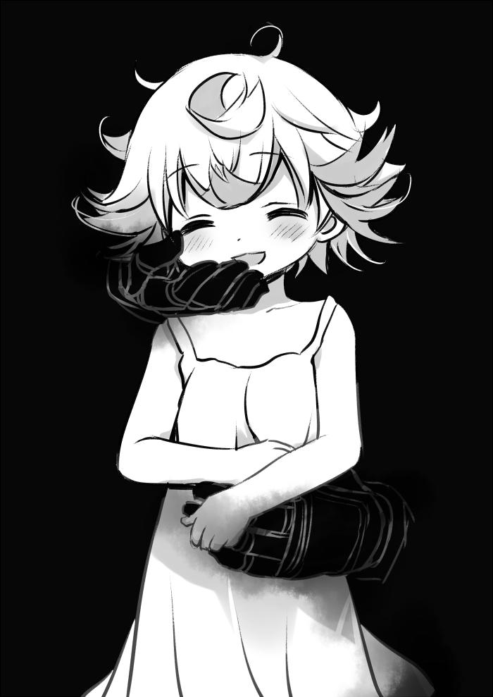 1girl :d ^_^ bangs bare_arms bare_shoulders black_background blush bondrewd breasts closed_eyes closed_eyes collarbone commentary_request dress eyebrows_visible_through_hair facing_viewer gloves greyscale head_tilt made_in_abyss monochrome open_mouth prushka sakurazawa_izumi short_hair simple_background sleeveless sleeveless_dress small_breasts smile solo_focus
