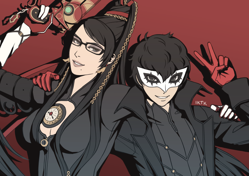 1boy 1girl amamiya_ren amulet ankle_gun atlus bayonetta bayonetta_(character) beehive_hairdo black_hair bodysuit cleavage_cutout earrings eyeshadow glasses gloves gun iktk jacket jewelry lips lipstick long_hair looking_at_viewer makeup mask megami_tensei mole mole_under_mouth mother_and_son nintendo pants persona persona_5 plaid plaid_pants platinum_games_inc. quadruple_wielding red_eyes red_gloves sega short_hair simple_background smile super_smash_bros. super_smash_bros._ultimate super_smash_bros_for_wii_u_and_3ds v weapon