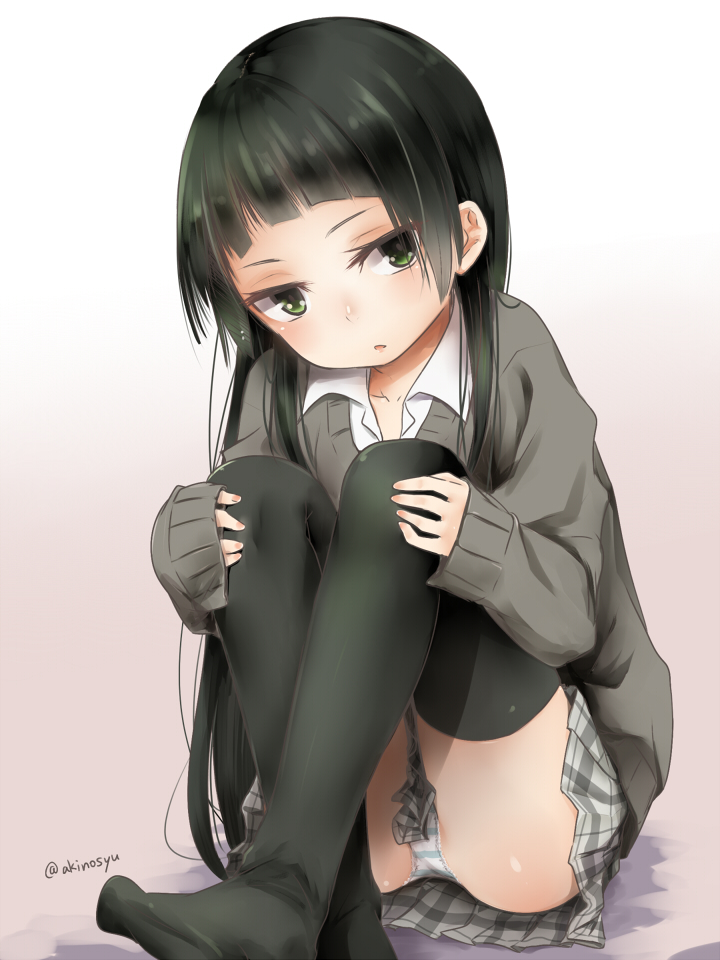 1girl akino_shuu black_hair black_legwear brown_background collarbone collared_shirt commentary_request gradient gradient_background green_eyes grey_skirt grey_sweater iroha_natsume long_hair long_sleeves no_shoes original panties plaid plaid_skirt pleated_skirt shirt sitting skirt sleeves_past_wrists solo striped striped_panties sweater thigh-highs twitter_username underwear very_long_hair white_background white_shirt