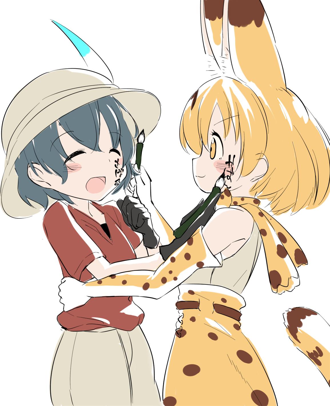 2girls :3 :d ^_^ animal_ears bare_shoulders black_gloves black_hair blonde_hair blush body_writing closed_eyes closed_eyes elbow_gloves extra_ears eyebrows_visible_through_hair face_painting facing_another gloves hand_on_another's_waist hat hat_feather highres hiyama_yuki kaban_(kemono_friends) kemono_friends looking_at_another multiple_girls open_mouth paintbrush print_gloves print_neckwear print_skirt red_shirt serval_(kemono_friends) serval_ears serval_print serval_tail shirt short_hair short_sleeves shorts simple_background skirt sleeveless sleeveless_shirt smile tail white_background white_headwear white_shirt white_shorts yellow_eyes