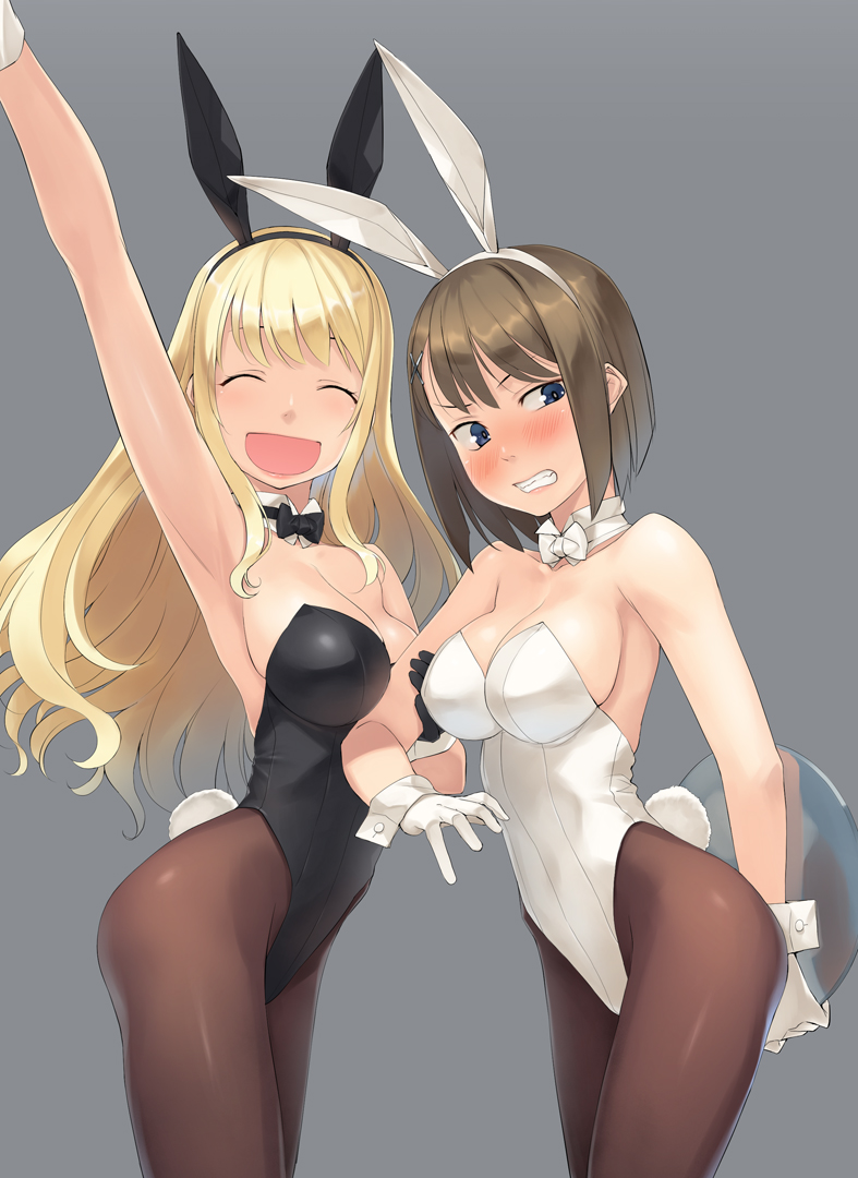 2girls animal_ears atago_(kantai_collection) black_legwear black_leotard black_neckwear blonde_hair blue_eyes bow bowtie breasts brown_hair bunny_tail bunnysuit clenched_teeth closed_eyes cowboy_shot detached_collar gahaku gloves grey_background kantai_collection large_breasts leotard long_hair maya_(kantai_collection) multiple_girls open_mouth pantyhose rabbit_ears short_hair simple_background smile strapless strapless_leotard tail teeth tray waving white_gloves white_leotard white_neckwear wrist_cuffs