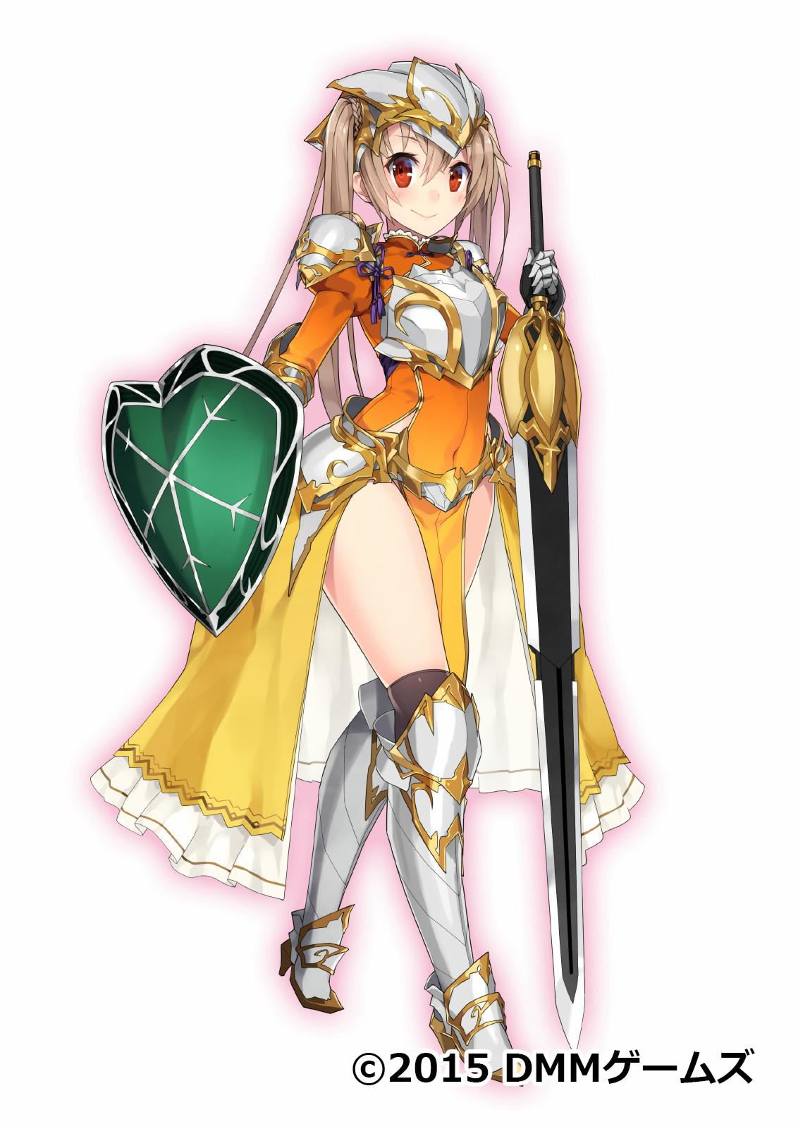 1girl blonde_hair breastplate copyright_name covered_navel dmm faulds flower_knight_girl full_body gauntlets greaves highres looking_at_viewer official_art pauldrons pelvic_curtain red_eyes shield solo standing sword tagme transparent_background twintails waist_cape weapon white_background