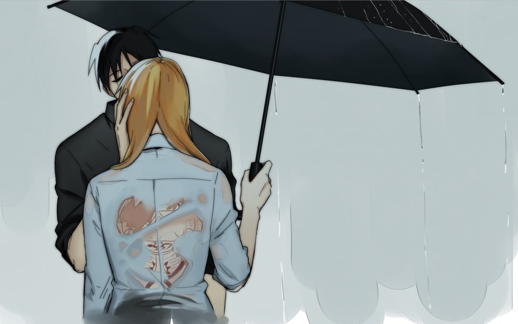 1boy 1girl back_tattoo black_hair black_shirt blonde_hair closed_eyes commentary_request couple doya dress_shirt expressionless facing_away fingernails fullmetal_alchemist hand_on_another's_cheek hand_on_another's_face height_difference hetero holding holding_umbrella kiss outstretched_arm rain riza_hawkeye roy_mustang see-through shirt sleeves_rolled_up tattoo umbrella upper_body water_drop wet wet_clothes white_shirt