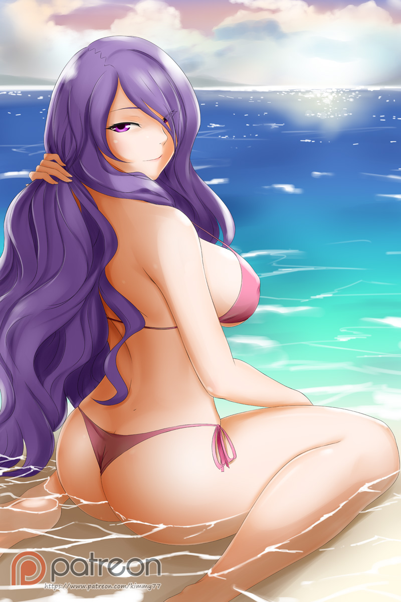 1girl alfred_cullado ass barefoot bikini breasts camilla_(fire_emblem) camilla_(fire_emblem_if) clouds cute day erect_nipples eyebrows_visible_through_hair eyes_visible_through_hair fire_emblem fire_emblem_14 fire_emblem_fates fire_emblem_if hair_over_one_eye hand_in_hair highres intelligent_systems large_breasts long_hair looking_at_viewer looking_back nintendo ocean outdoors patreon_logo pink_bikini pink_ribbon purple_hair red_bikini ribbon side-tie_bikini sideboob sitting smile soles solo swimsuit under_boob very_long_hair wariza water watermark