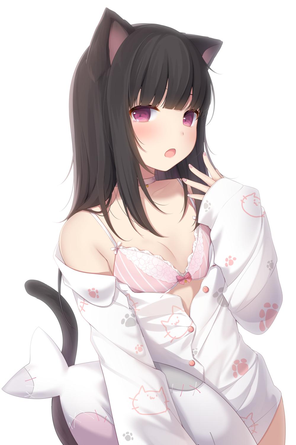 1girl :o amashiro_natsuki animal_ears animal_print blush bow bow_bra bra breasts brown_hair carrying_under_arm cat_ears cat_girl cat_print cat_tail choker cleavage collarbone commentary dress_shirt fingernails hand_up heart heart_choker highres long_hair long_sleeves looking_at_viewer nail_polish off_shoulder open_mouth original pajamas paw_print pink_bra pink_nails print_shirt romaji_commentary shirt simple_background sleeves_past_wrists small_breasts solo stuffed_animal stuffed_fish stuffed_toy tail tail_raised tears underwear violet_eyes white_background white_choker white_pajamas white_shirt yawning
