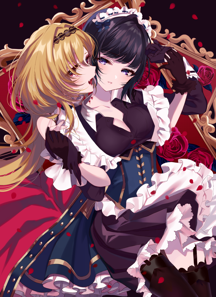 2girls apron bangs black_background black_dress black_hair black_hairband black_legwear blonde_hair blood blue_bow blue_dress blush bow breasts brown_gloves cape commentary_request dress eyebrows_visible_through_hair fangs flower frilled_apron frills garter_straps gloves hair_between_eyes hair_bow hairband head_tilt idolmaster idolmaster_cinderella_girls kurosaki_chitose long_hair long_sleeves maid_headdress medium_breasts misumi_(macaroni) multiple_girls petals pleated_dress red_cape red_eyes red_flower red_rose ribbon_trim rose shirayuki_chiyo thigh-highs vampire very_long_hair violet_eyes waist_apron white_apron