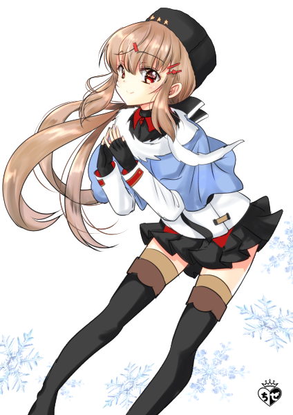 1girl anchor_necklace artist_logo black_bow black_footwear black_gloves black_headwear black_skirt blue_shawl boots bow brown_hair brown_legwear chize fingerless_gloves gloves hair_bow jacket kantai_collection long_hair looking_at_viewer low_twintails pantyhose papakha red_eyes ribbon_trim scarf shawl skirt smile solo star tashkent_(kantai_collection) thigh-highs thigh_boots torn_scarf twintails white_background white_jacket white_scarf