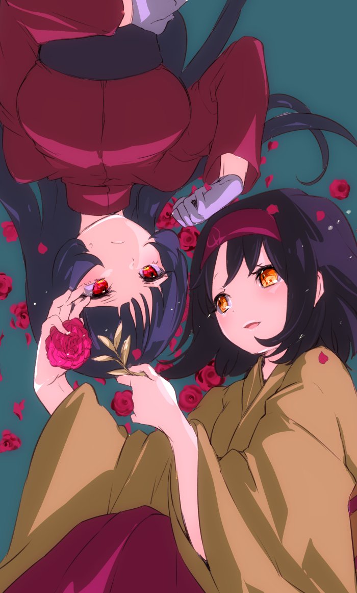 2girls bangs black_hair blunt_bangs blush breasts chorimokki commentary_request creatures_(company) erika_(pokemon) flower game_freak gloves gym_leader hairband hand_in_another's_hair holding holding_flower japanese_clothes kimono large_breasts long_hair lying multiple_girls natsume_(pokemon) nintendo orange_eyes pokemon pokemon_(game) pokemon_frlg red_eyes rose short_hair smile white_gloves wide_sleeves yuri