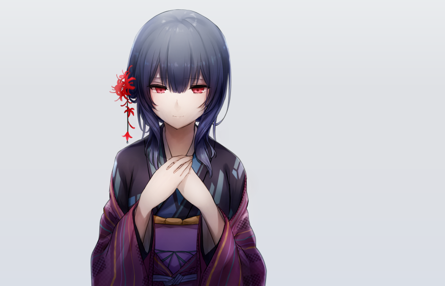 1girl bangs black_hair closed_mouth commentary_request flower hair_between_eyes hair_flower hair_ornament idolmaster idolmaster_shiny_colors japanese_clothes kimono long_sleeves looking_at_viewer morino_rinze okakasushi red_eyes short_hair simple_background solo