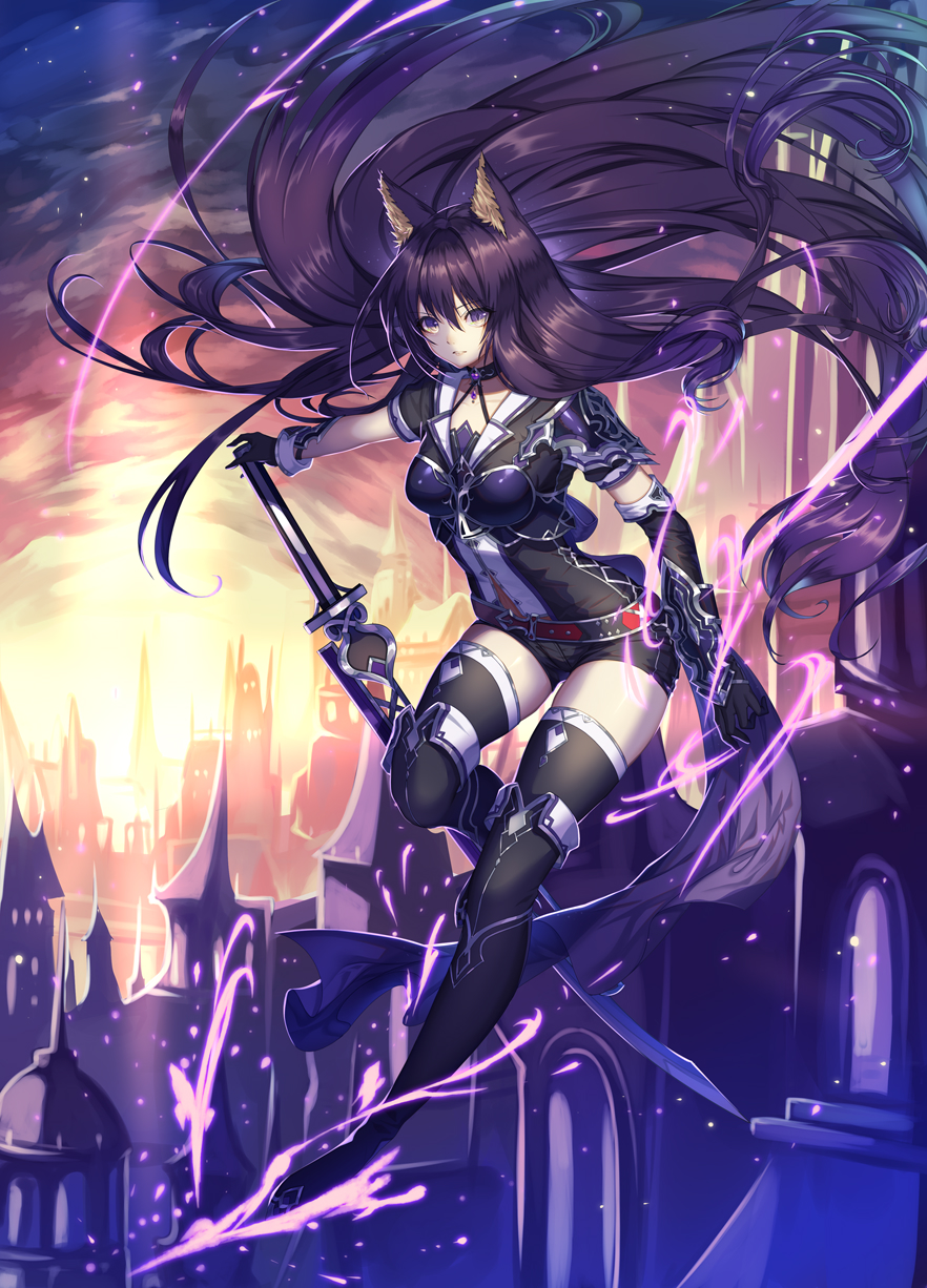 1girl animal_ears asymmetrical_gloves belt black_footwear black_gloves black_legwear black_shirt boobplate boots breastplate breasts building cat_ears choker city commentary_request floating_hair full_body gloves highres holding holding_sword holding_weapon long_hair looking_at_viewer magic medium_breasts original outdoors outstretched_arm purple_hair shirt short_shorts short_sleeves shorts shoulder_armor silver_trim sky solo sunset sword thigh-highs thigh_boots vambraces very_long_hair violet_eyes vivo101 weapon