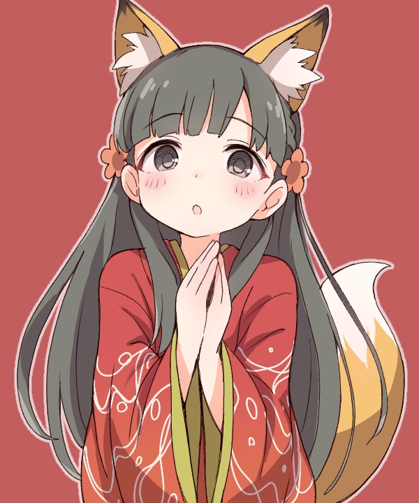 1girl :o animal_ear_fluff animal_ears bangs black_hair blush braid brown_eyes brown_footwear brown_outline ddak5843 eyebrows_visible_through_hair flower fox_ears fox_girl fox_tail hair_flower hair_ornament hands_together hands_up idolmaster japanese_clothes kemonomimi_mode kimono kobayakawa_sae long_hair long_sleeves outline own_hands_together parted_lips red_background red_kimono solo tail tail_raised upper_body very_long_hair wide_sleeves