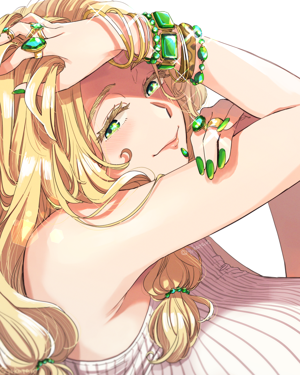 1girl armpits bare_shoulders blonde_hair blush bracelet breasts emerald_(gemstone) eyelashes fate/grand_order fate_(series) green_eyes green_nails hair_ornament highres jewelry large_breasts nail_polish quetzalcoatl_(fate/grand_order) ring simple_background sleeveless_sweater smile solo white_background yukataro