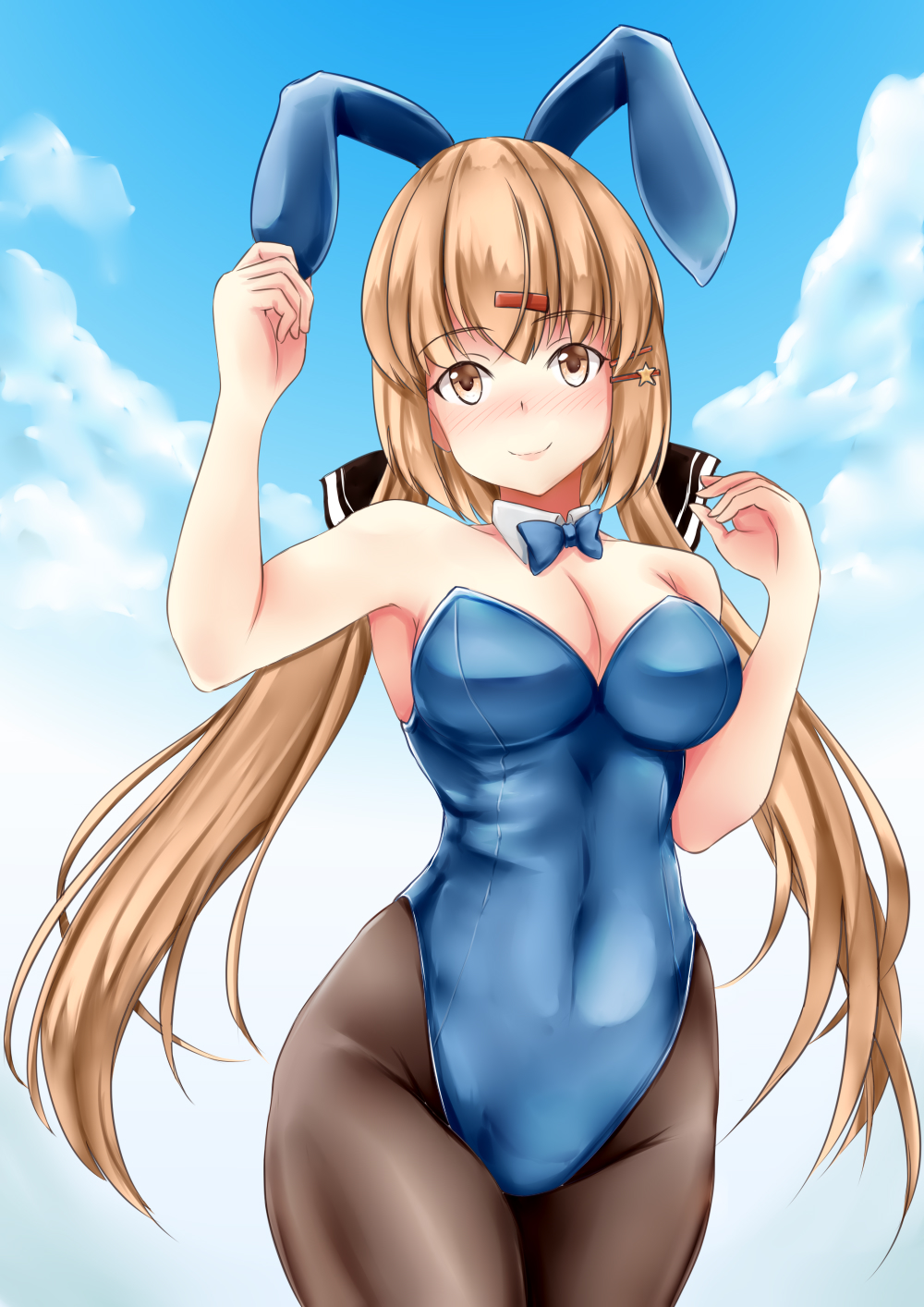 1girl animal_ears bare_shoulders black_bow blue_leotard blue_sky bow bowtie breasts brown_eyes brown_hair brown_legwear bunny_girl bunny_tail bunnysuit cleavage clouds cloudy_sky detached_collar eyebrows_visible_through_hair fake_animal_ears hair_between_eyes hair_bow hair_ornament hairclip highres kantai_collection koru_pera leotard long_hair low_twintails medium_breasts outdoors pantyhose rabbit_ears ribbon_trim sky solo strapless strapless_leotard tail tashkent_(kantai_collection) twintails wrist_cuffs