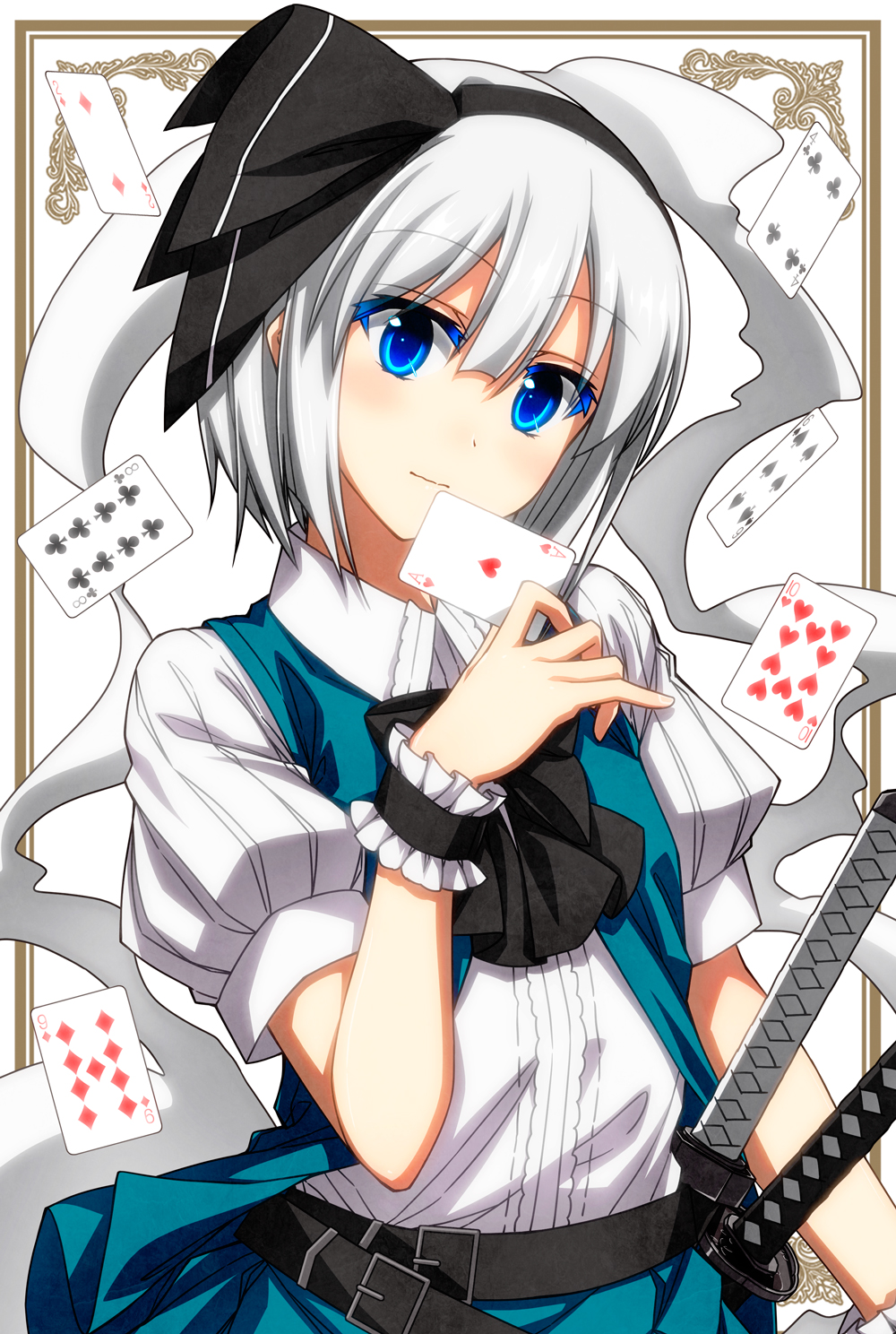 1girl ace_of_hearts bangs belt black_belt black_bow black_hairband black_neckwear black_ribbon blue_eyes blush border bow bowtie card colored_eyelashes commentary_request eyebrows_visible_through_hair green_skirt green_vest hair_between_eyes hair_ribbon hairband highres hitodama holding holding_card katana konpaku_youmu konpaku_youmu_(ghost) looking_at_viewer outside_border puffy_short_sleeves puffy_sleeves ribbon sazanami_mio sheath sheathed shirt short_hair short_sleeves silver_hair simple_background skirt skirt_set smile solo sword touhou upper_body vest weapon white_background white_shirt