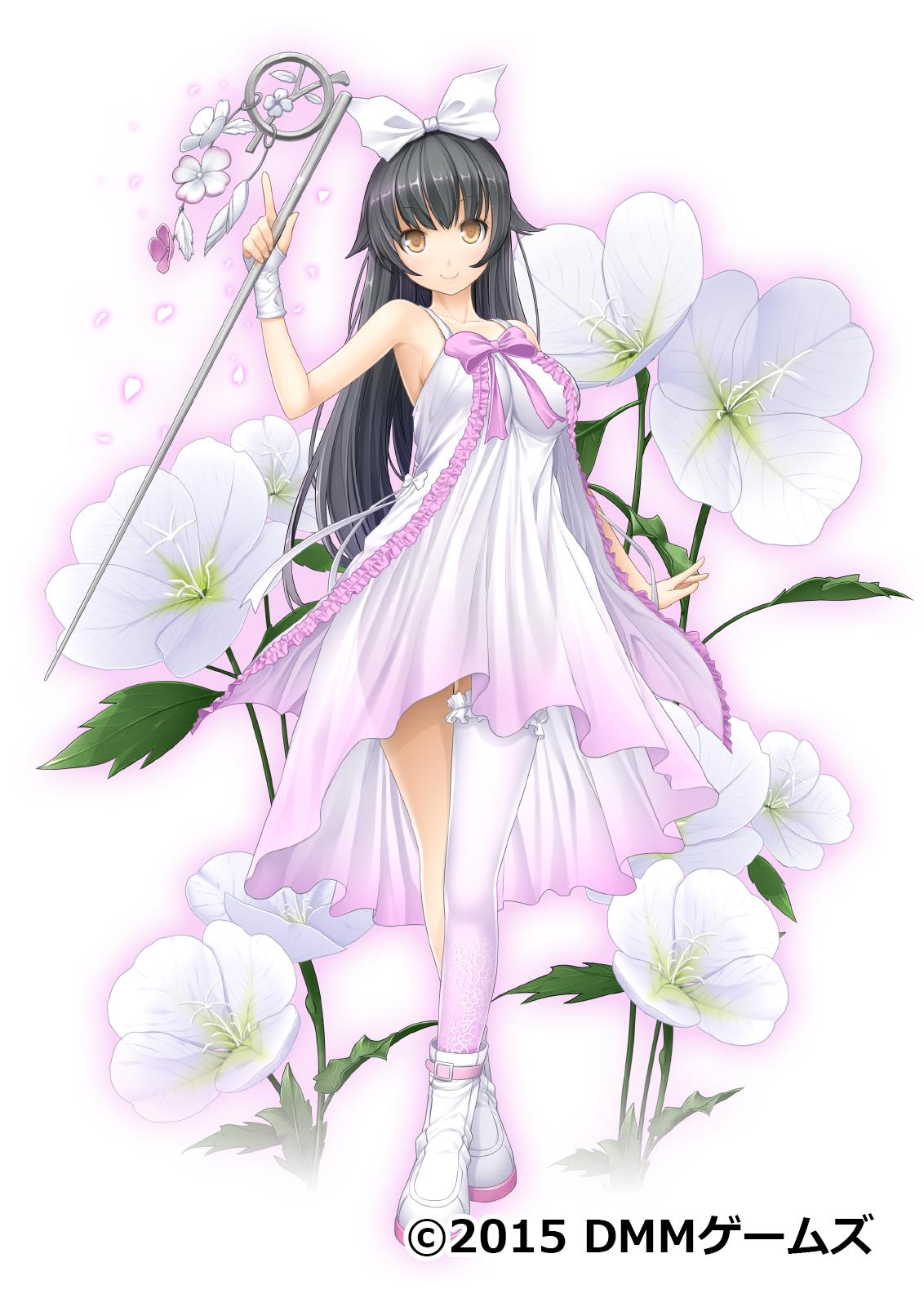 1girl black_hair bow brown_eyes closed_mouth copyright_name dmm dress flower_knight_girl full_body hair_bow heart highres long_hair looking_at_viewer official_art pink_bow sitting smile solo standing tagme tsukimisou_(flower_knight_girl) twitter_username white_background white_bow white_dress