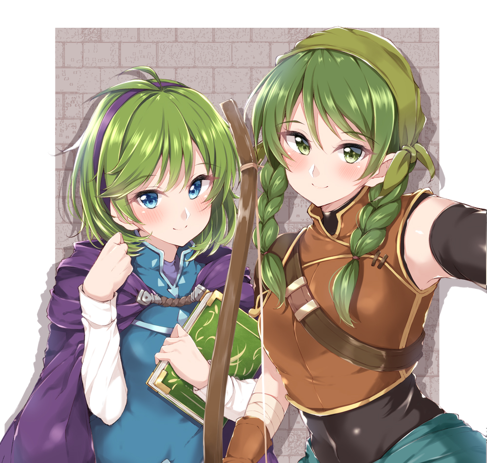 2girls bandanna bangs blue_eyes book bow_(weapon) braid breasts cape closed_mouth eyebrows_visible_through_hair fire_emblem fire_emblem:_rekka_no_ken green_eyes green_hair hairband holding holding_book jiino long_hair long_sleeves multiple_girls nino_(fire_emblem) nintendo rebecca_(fire_emblem) short_hair sleeveless smile twin_braids upper_body weapon