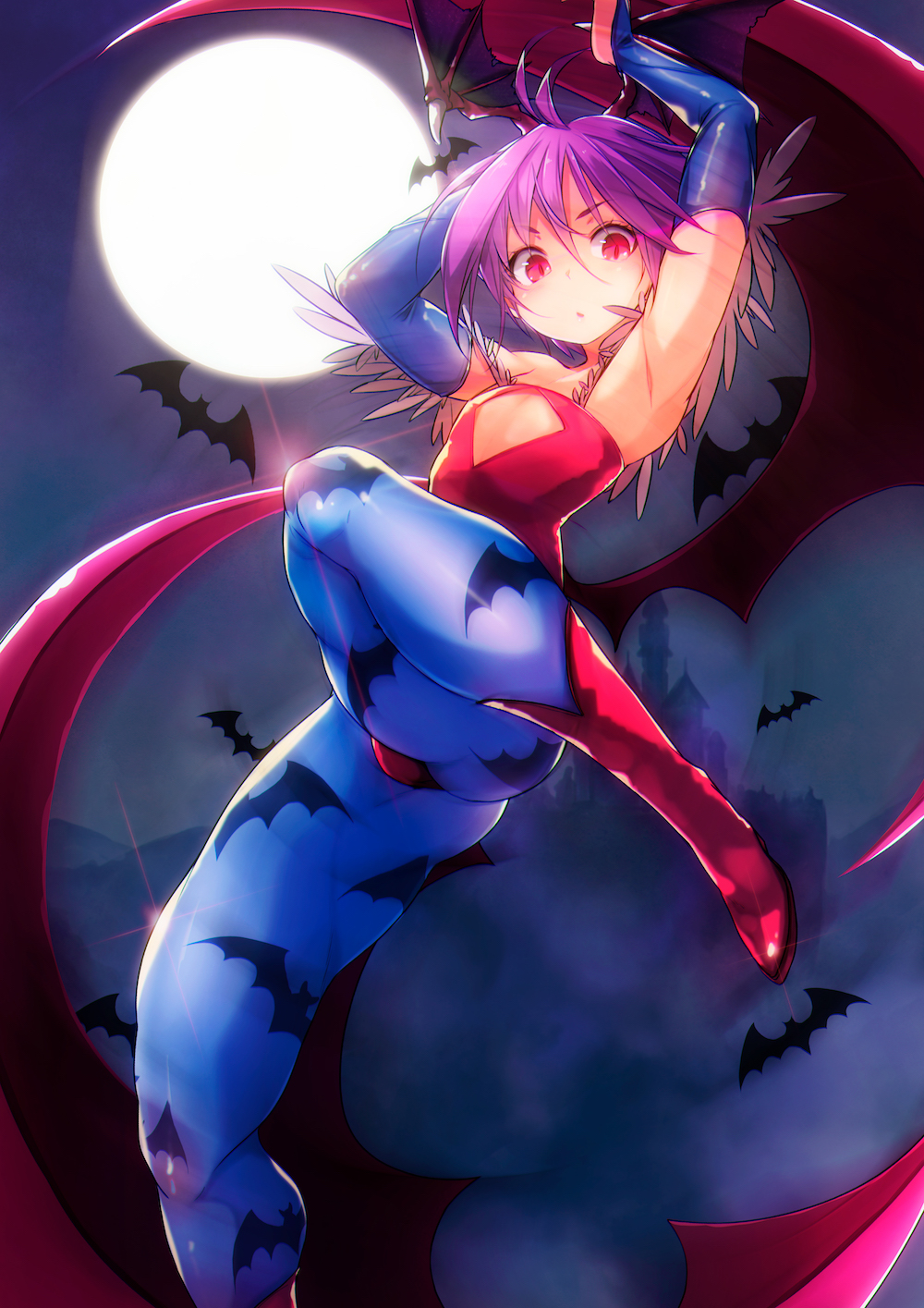 .sin 1girl :o animal_print armpits arms_up bangs bare_shoulders bat_print bat_wings blue_gloves boots breasts bridal_gauntlets center_opening commentary demon_girl flat_chest floating full_moon gloves head_wings highres leg_up lens_flare leotard lilith_aensland long_hair moon open_mouth pantyhose print_legwear purple_hair red_eyes red_footwear red_leotard short_hair sidelocks solo succubus vampire_(game) wings
