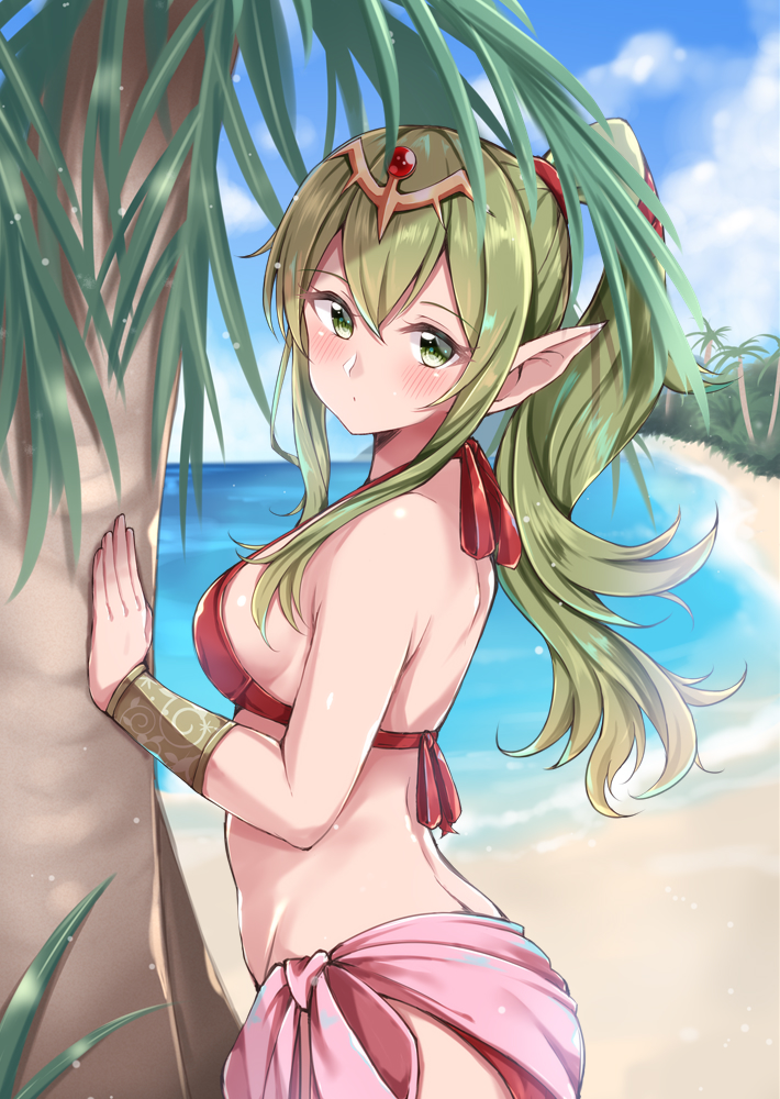 1girl beach bikini blue_sky blush breasts chiki closed_mouth clouds cute day eyebrows_visible_through_hair fire_emblem fire_emblem:_kakusei fire_emblem:_mystery_of_the_emblem fire_emblem_heroes from_side green_eyes green_hair hair_between_eyes high_ponytail intelligent_systems jiino long_hair looking_at_viewer looking_to_the_side mamkute medium_breasts nintendo ocean outdoors palm_tree pink_sarong pointy_ears ponytail red_bikini sarong sideboob sky solo standing swimsuit teenager tiara tree water