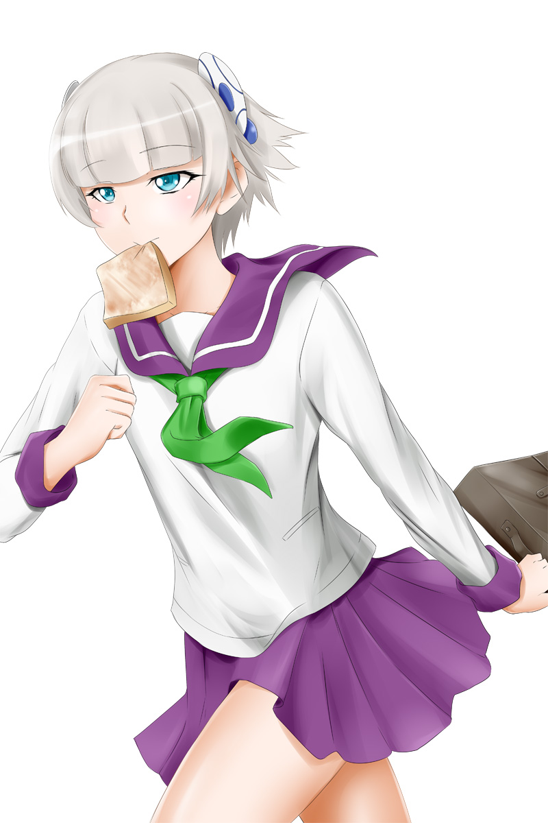 1girl alfred_cullado bag bangs blue_eyes blunt_bangs bread_eating_race cowboy_shot eyebrows_visible_through_hair green_neckwear headgear highres holding holding_bag long_sleeves meteora_osterreich miniskirt mouth_hold pleated_skirt purple_sailor_collar purple_skirt re:creators running sailor_collar school_uniform serafuku shiny shiny_hair shirt short_hair silver_hair simple_background skirt solo white_background white_shirt