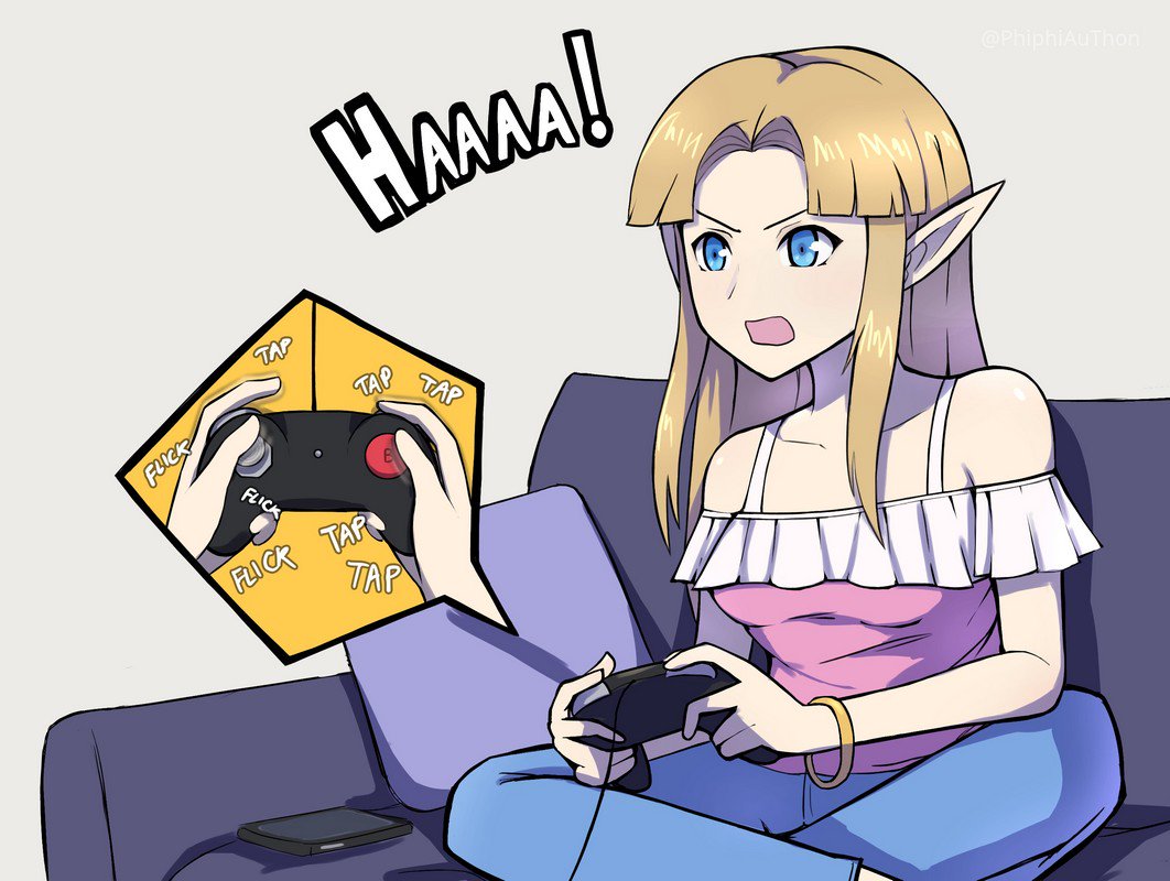 1girl afterimage alternate_costume bangle bangs bare_shoulders blonde_hair blouse blue_eyes bracelet breasts casual cellphone collarbone commentary controller couch denim elf english_commentary feet_out_of_frame forehead frilled_shirt frills game_controller gameplay_mechanics grey_background holding hylian indian_style inset jeans jewelry long_hair nintendo nintendo_ead off-shoulder_shirt off_shoulder on_couch open_mouth pants parody parted_bangs phiphi-au-thon phone pillow pink_blouse pink_shirt pointy_ears princess_zelda shirt sidelocks simple_background sitting small_breasts smartphone solo sora_(company) straight_hair super_smash_bros. super_smash_bros._ultimate super_smash_bros_melee the_legend_of_zelda the_legend_of_zelda:_a_link_between_worlds the_legend_of_zelda:_a_link_to_the_past v-shaped_eyebrows