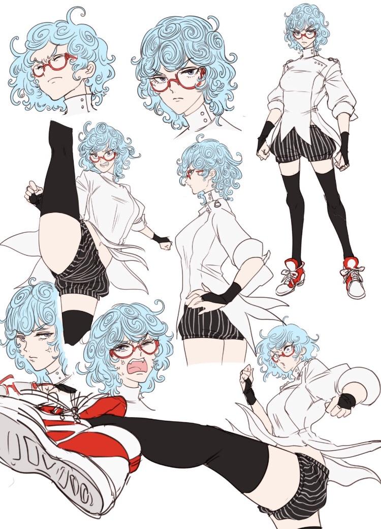 1girl angry artist_request blue_hair fingerless_gloves genderswap genderswap_(mtf) ghiaccio glasses gloves jojo_no_kimyou_na_bouken red_footwear shorts thighs