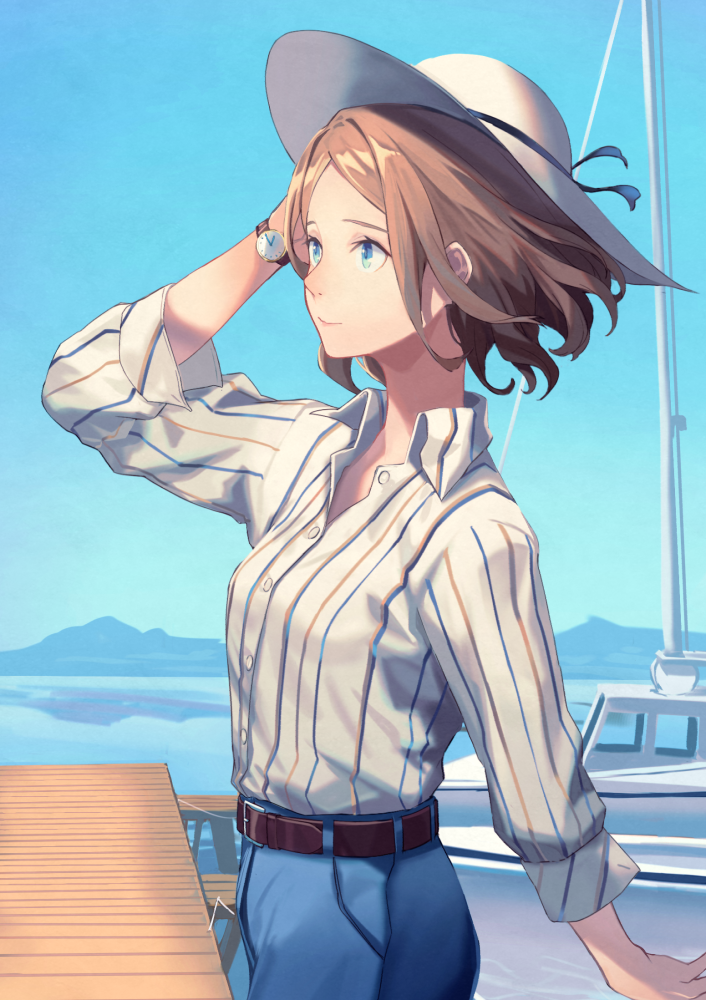 1girl arm_up belt belt_buckle blue_eyes blue_pants blue_sky boat breasts brown_belt brown_hair buckle collared_shirt commentary_request day denim dress_shirt hat jeans long_sleeves looking_away mountain original outdoors pants peroncho reflection shirt sky small_breasts solo striped striped_shirt sun_hat vertical-striped_shirt vertical_stripes watch watch water watercraft white_headwear white_shirt