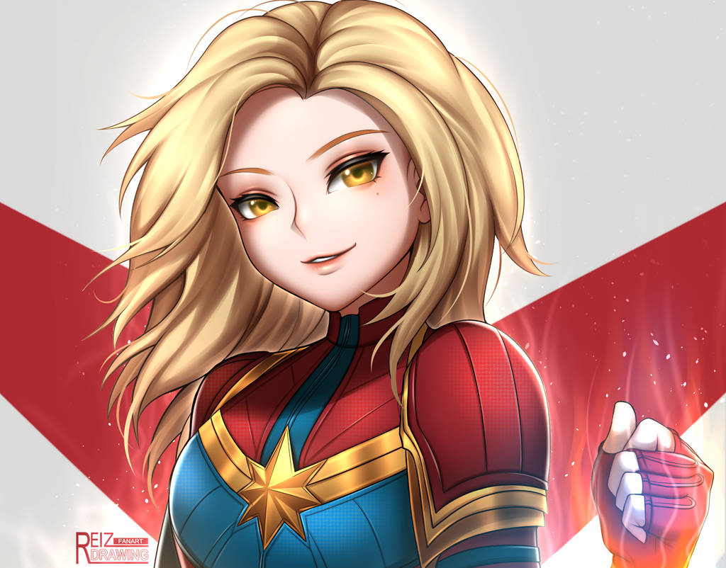 1girl blonde_hair blue_eyes bodysuit breasts captain_marvel clenched_hand commentary english_commentary gloves lips looking_at_viewer marvel medium_breasts red_gloves reizdrawing skin_tight smile solo superhero