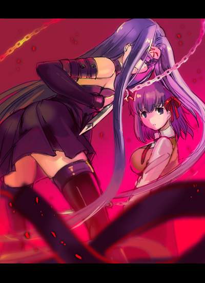 black_dress black_legwear black_sleeves blurry_foreground breasts brown_sweater chains detached_sleeves dress facial_mark fate/stay_night fate_(series) floating_hair hair_ribbon holding holding_weapon homurahara_academy_uniform leaning_forward long_hair long_sleeves looking_at_viewer mask matou_sakura medium_breasts nameless_dagger parted_lips pleated_dress purple_hair red_ribbon ribbon rider shida_(xwheel) shirt short_dress short_hair sideboob sleeveless sleeveless_dress strapless strapless_dress sweater sweater_vest thigh-highs tube_dress very_long_hair violet_eyes weapon white_shirt zettai_ryouiki