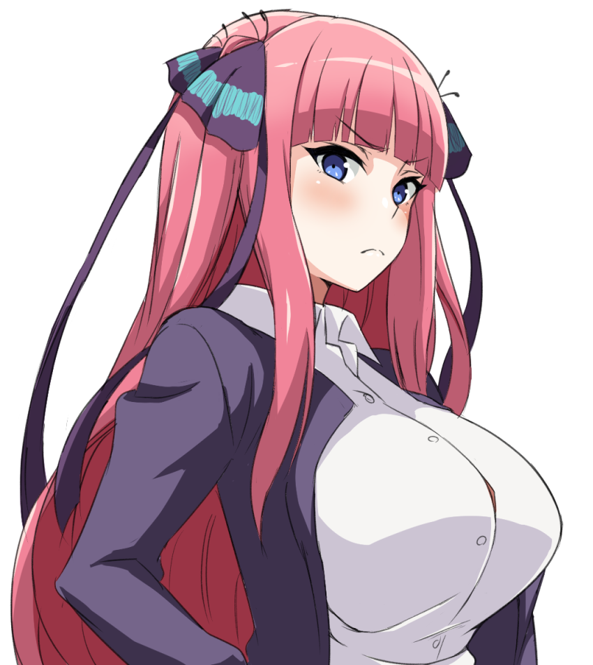 1girl bangs black_jacket blue_eyes blunt_bangs blush breasts button_gap closed_mouth collared_shirt dress_shirt eyebrows_visible_through_hair frown go-toubun_no_hanayome hair_ribbon jacket large_breasts long_hair long_sleeves looking_at_viewer nakano_nino open_clothes open_jacket pink_hair ribbon shirt simple_background solo tawashi1623 two_side_up upper_body very_long_hair white_background white_shirt