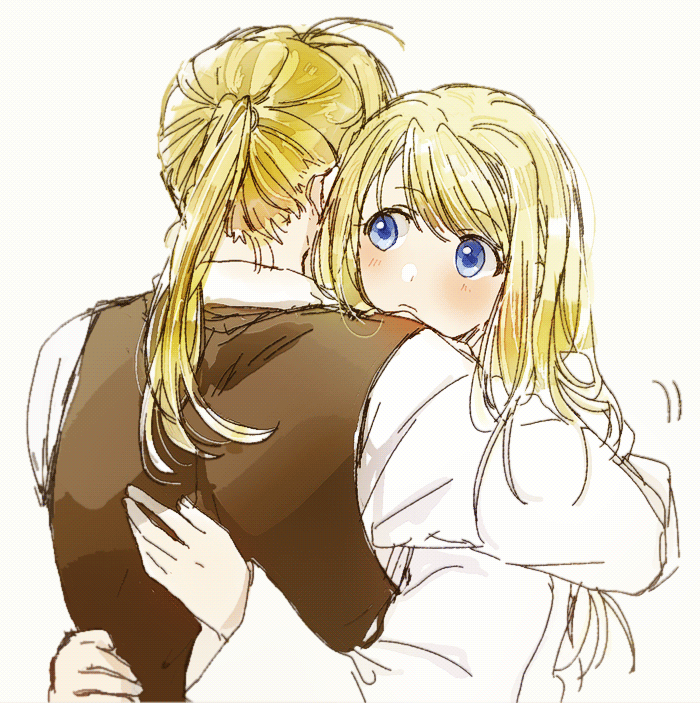 1boy 1girl ahoge blonde_hair blue_eyes blush commentary_request couple dress_shirt edward_elric expressionless eyebrows_visible_through_hair facing_away fingernails fullmetal_alchemist grey_background hands_on_another's_back hetero hug long_hair long_sleeves looking_at_another ponytail shirt simple_background tsukuda0310 waistcoat white_shirt winry_rockbell