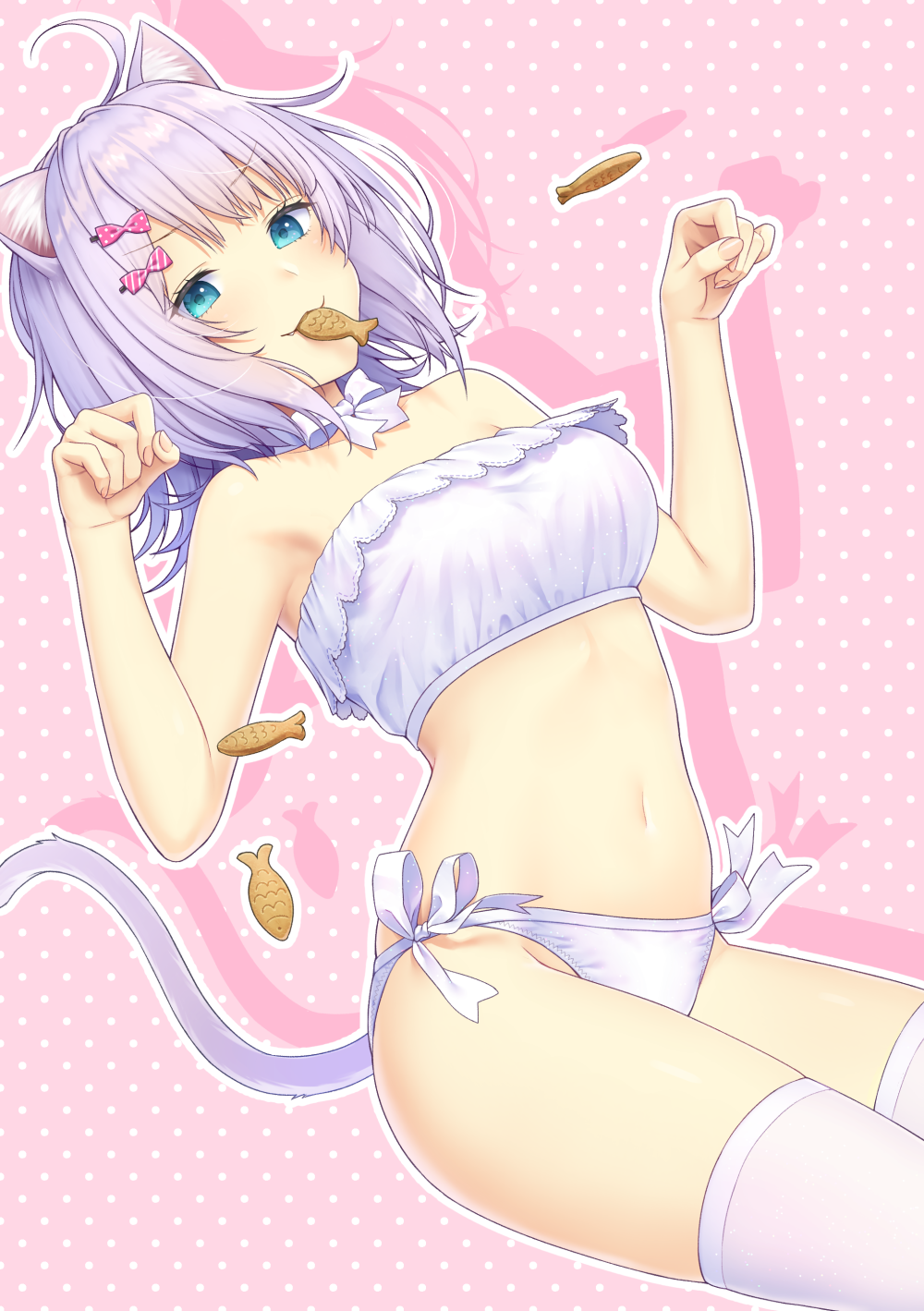 1girl :3 ahoge animal_ear_fluff animal_ears armpits bangs bare_arms bare_shoulders blue_eyes bow bra breasts cat_ears cat_girl cat_tail choker daidai_jamu drop_shadow fang food hair_bow hands_up highres lavender_hair lingerie looking_at_viewer medium_breasts mouth_hold navel original panties paw_pose pink_background pink_bow polka_dot polka_dot_background ribbon ribbon_choker short_hair side-tie_panties solo stomach striped tail taiyaki thigh-highs thighs underwear v-shaped_eyebrows wagashi white_bra white_legwear white_panties white_ribbon