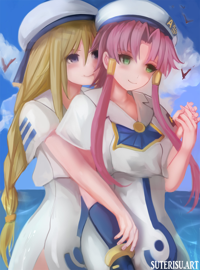 2girls alicia_florence aria aria_company_uniform artist_name bangs beret blonde_hair blue_eyes blush braid breasts clouds dress green_eyes hair_tubes hand_holding hat hug hug_from_behind long_hair mizunashi_akari multiple_girls pink_hair short_hair_with_long_locks sidelocks single_braid sky smile suterisu yuri