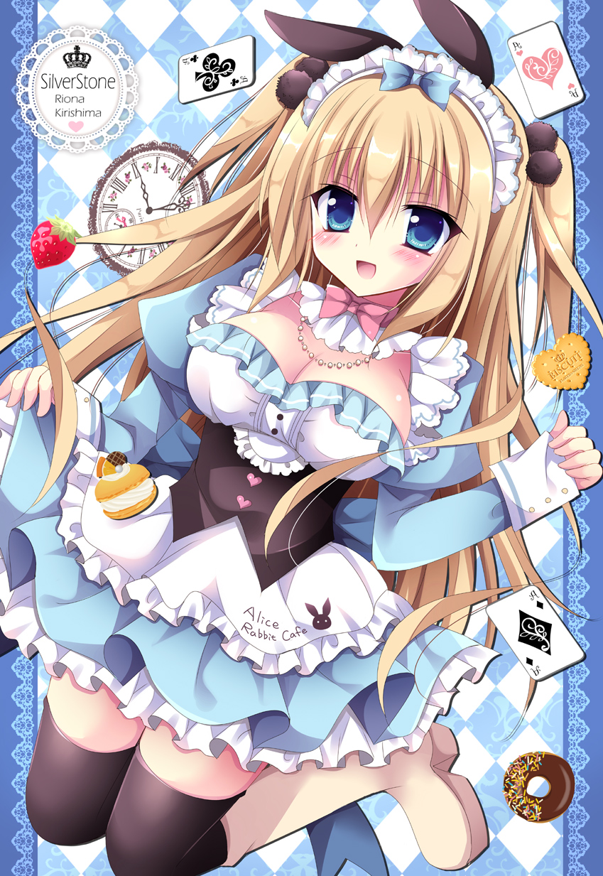 1girl :d alice_(wonderland) alice_in_wonderland animal_ears argyle argyle_background artist_name bangs black_legwear blonde_hair blue_bow blue_dress blue_eyes blush boots bow breasts brown_footwear card cleavage club_(shape) commentary_request diamond_(shape) doughnut dress eyebrows_visible_through_hair food frilled_dress frills fruit hair_between_eyes hair_bow heart highres juliet_sleeves kirishima_riona knee_boots long_hair long_sleeves medium_breasts open_mouth pinching_sleeves pink_bow playing_card pleated_dress pocket_watch puffy_sleeves rabbit_ears roman_numerals skirt_hold sleeves_past_wrists smile solo strawberry thigh-highs thighhighs_under_boots two_side_up underbust very_long_hair watch